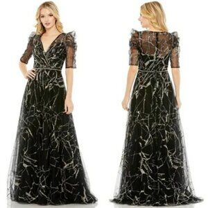 Mac Duggal NWT Black Gold Sequin Puff Sleeve Maxi Gown Dress Size 8 #204…